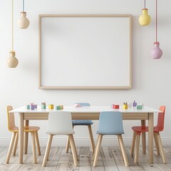 Empty classroom with colorful chairs and table, perfect for mockup.