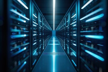 Obraz premium Modern server room with rows of servers and blue lighting.