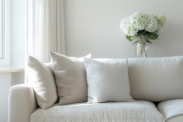 White couch with pillows and flowers in a vase.