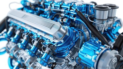 Close-up of a powerful blue car engine with intricate details.