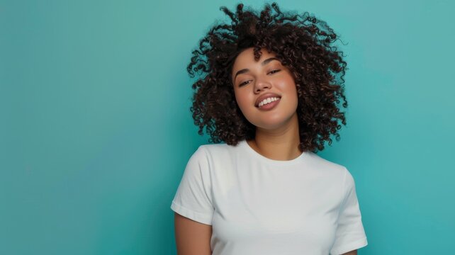 Plus size stylish woman wearing a tshirt for product mockup, --