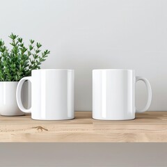 Two blank white mugs on a wooden shelf with a small plant in a white pot.