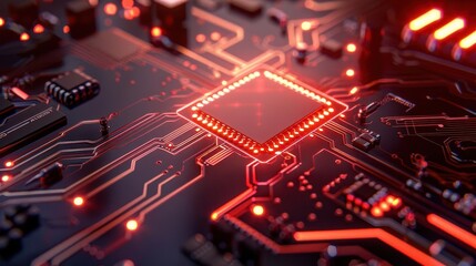 Obraz premium Closeup of a glowing red CPU chip on a circuit board.