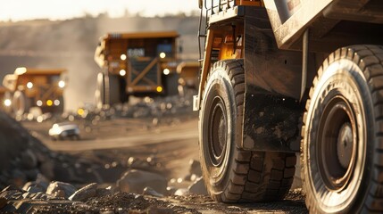 Close-up of a large mining truck's tires with other trucks in the background.