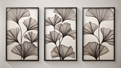 set of three vertical poster, minimalist  ginkgo leaf smokey shape art, isolated on white background