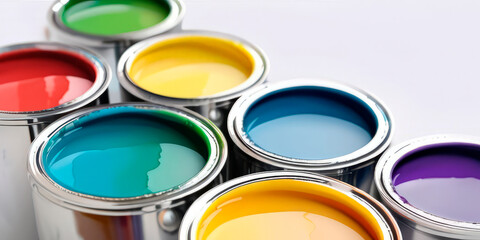 Fototapeta premium open cans of paints of different colors on a white background