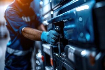 Obraz premium Mechanic working on a truck engine in a garage.