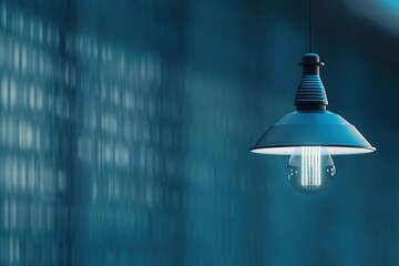 Obraz premium Single hanging lightbulb against a teal background.