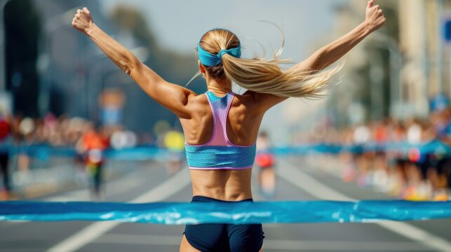A female runner crossing the finish line with arms raised, capturing the triumphant moment of completing a race.