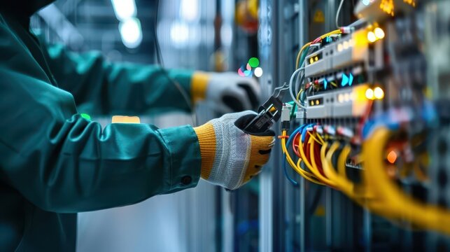 Close-up of an electrician working on electrical wiring in a server room.