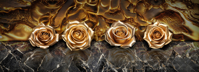 Golden roses lined up on a dark marble background