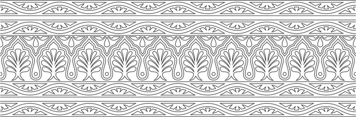 Vector black contour seamless national Indian ornament. endless border, ethnic hindu frame