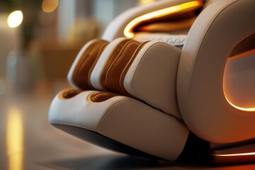 Close-up of a beige massage chair with sunset view through window