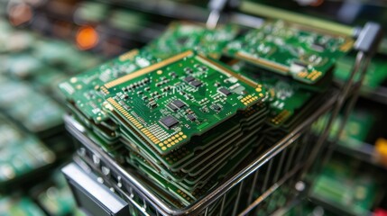 AI computer chips stacked in a shopping cart on a green background.