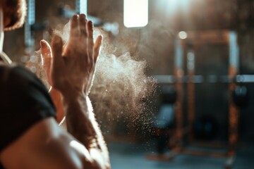A close-up of a gymnast's hands clapping together, creating a cloud of chalk dust in a well-lit gym.