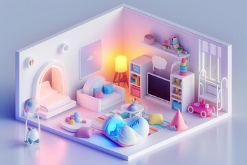 Cozy 3D isometric rendering of a child's bedroom with a bed, desk, toys and warm lighting.