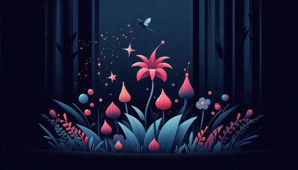 Obraz premium Closeup of a colorful magical flowers on the grass into a dark forest, minimalist illustration