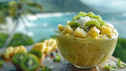 A close-up of a tropical smoothie bowl with slices of kiwi, pineapple, and sprinkled with coconut flakes, set on a wooden table.