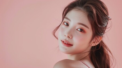 realistic photos, for cosmetic commercial, front view photos, eyes look side,