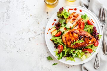 A grilled chicken breast is served on a bed of mixed greens with cucumbers, tomatoes, and a drizzle of dressing.