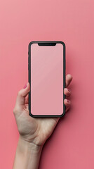 hand holding smartphone blank screen in pink background