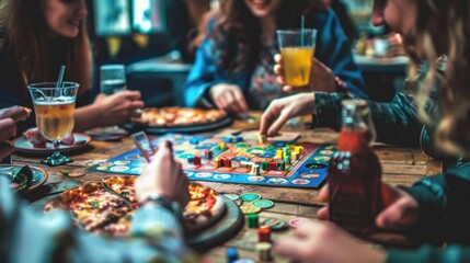 Friends Playing Board Game with Pizza and Drinks