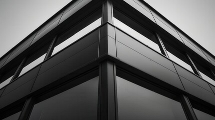 Modern building exterior with glass windows and metal panels.