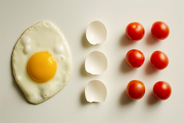 fried egg, eggshell and tomato on a white background, top view, artistic breakfast concept