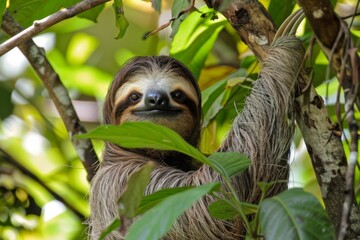 Fototapeta premium A sloth, with a playful grin, hangs from a tree branch in a rainforest. Its soft fur blends seamlessly with the vibrant green foliage.