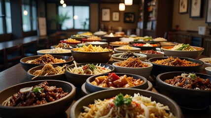 Obraz premium a vast array of food items showcased in a Korean restaurant setting.