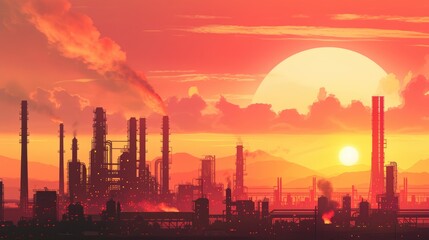 Obraz premium Industrial Sunset: Oil Refinery Silhouette