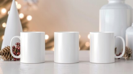 Three blank white mugs on a table with festive Christmas decorations.