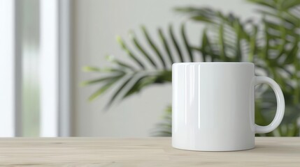 White coffee mug on wooden table with green plant in background.