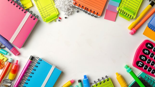 A clean white background with colorful school items like highlighters, sticky notes, and notebooks arranged in a wave pattern, highlighting a back to school sale theme. - Powered by Adobe