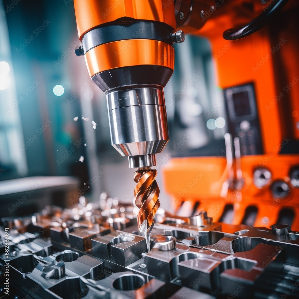 Poster sharp cnc drill bit in focus amid intricate workings of the machine for precise operations