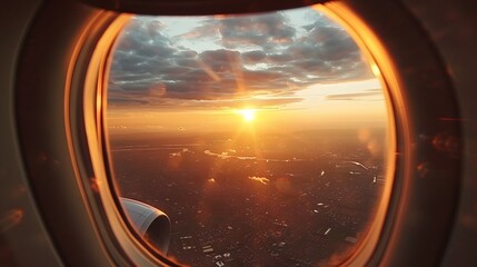 Naklejka premium Breathtaking view of town and cloudless sundown sky behind window of aircraft during flight. 