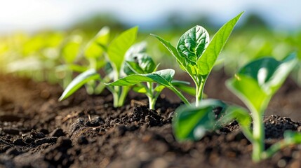 Closeup of plants benefiting from synergistic nutrient conservation techniques, showcasing healthy growth and rich soil