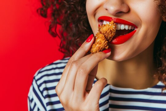 A close-up portrait of a woman in a striped shirt, smiling as she takes a bite of a crispy, golden fried food.