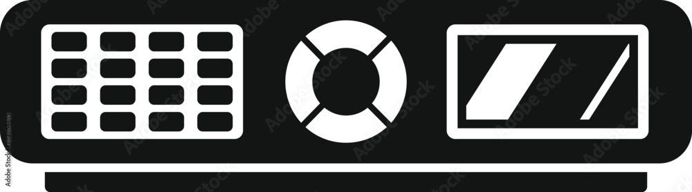 Poster black silhouette of a modern video projector displaying a presentation with control buttons
