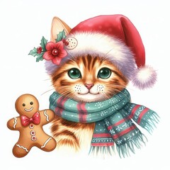 Obraz premium A cute tabby kitten wearing a Santa hat and scarf, holding a gingerbread man.