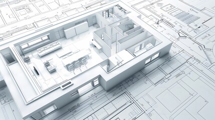 Architectural design concept with house blueprint and 3D rendering, featuring elements of architecture, construction, and interior design