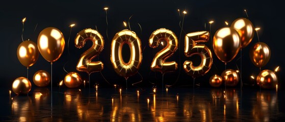 2025 Celebration Balloons, Golden balloons forming 2025, Festive New Year