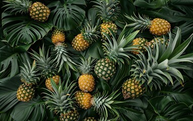 Fototapeta premium Pineapples and palm leaves create a lush tropical pattern
