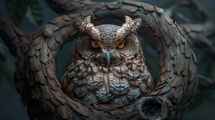 A large owl is sitting on a branch with its head turned to the side
