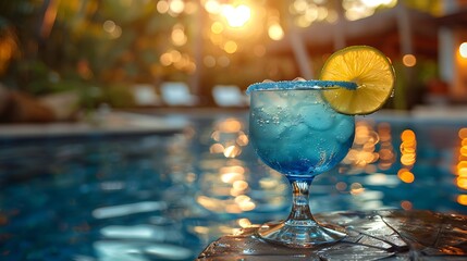 A refreshing blue cocktail with a lime slice on the rim, placed on a wooden poolside table.