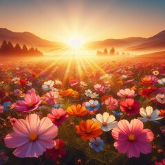 Pink and purple flowers bloom against a clear blue sky in summer creating a beautiful floral spectacle