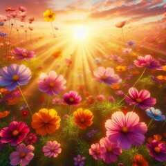 Fototapeta premium Pink and purple flowers bloom against a clear blue sky in summer creating a beautiful floral spectacle