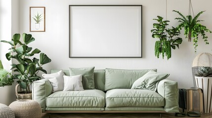 Modern living room with a comfortable sofa, stylish furniture, and elegant decor