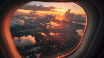 Fototapeta premium Breathtaking view of town and cloudless sundown sky behind window of aircraft during flight. 