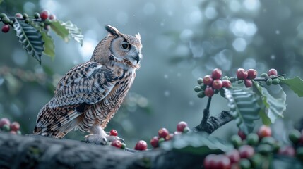 Obraz premium A large owl is perched on a branch with berries
